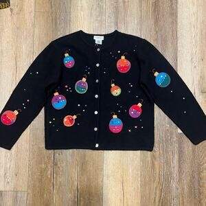 Vtg Talbots 100% Wool Holiday Cardigan Sweater L Embroidered Granny Kitsch Retro